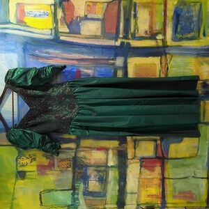 Vintage 80s Alfred Angelo emerald green & black lace formal dress(Elphaba vibes)